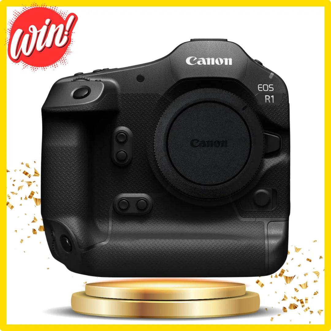 Canon EOS R1 camera body with 'Win!' logo on a white background.