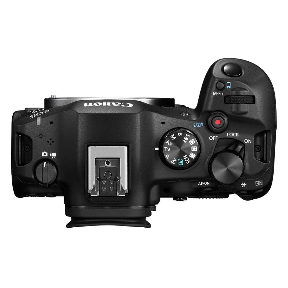Canon EOS R6 Mark III top angle product shot white background.