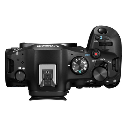 Canon EOS R6 Mark III top angle product shot white background.