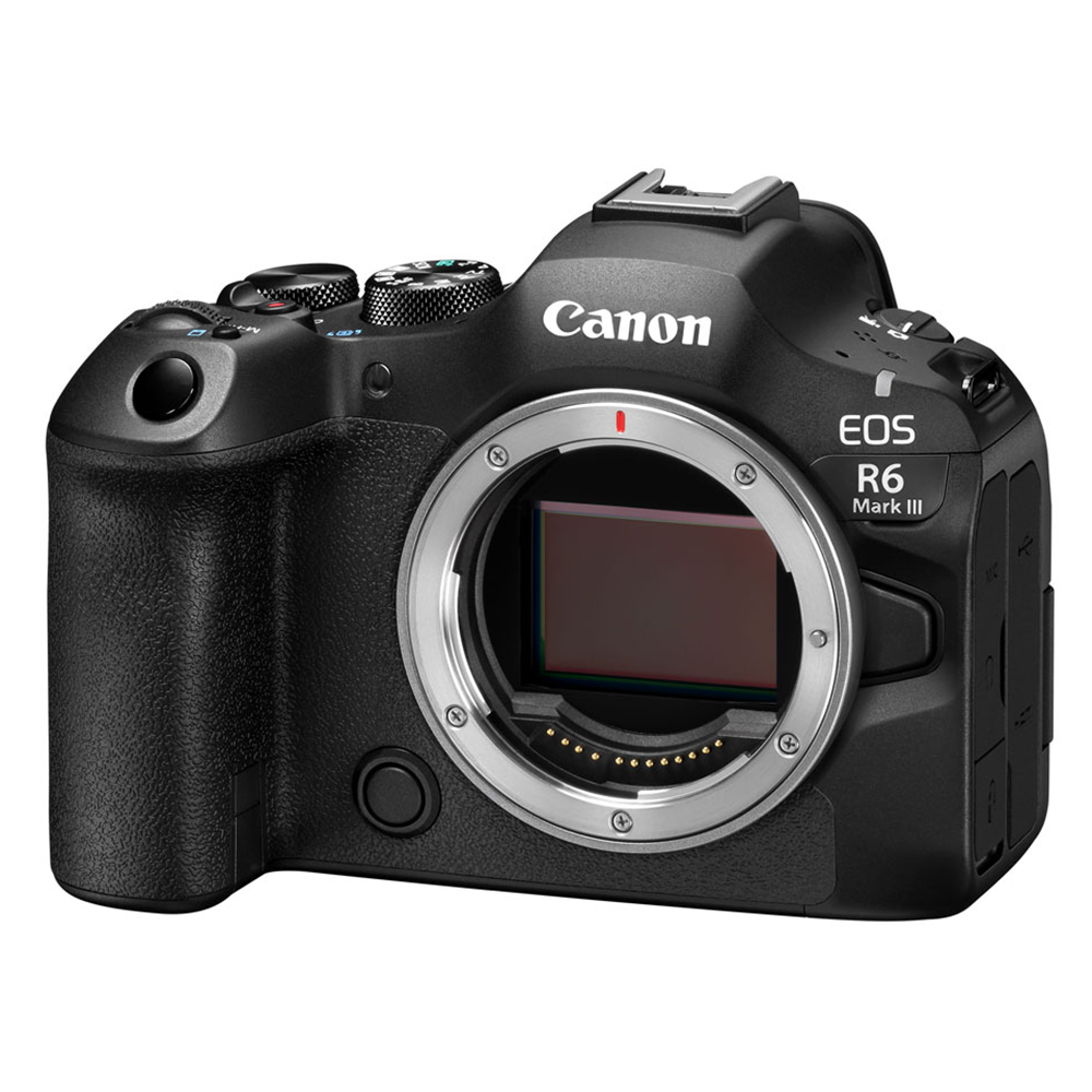 Canon EOS R6 Mark III front angle product shot white background.