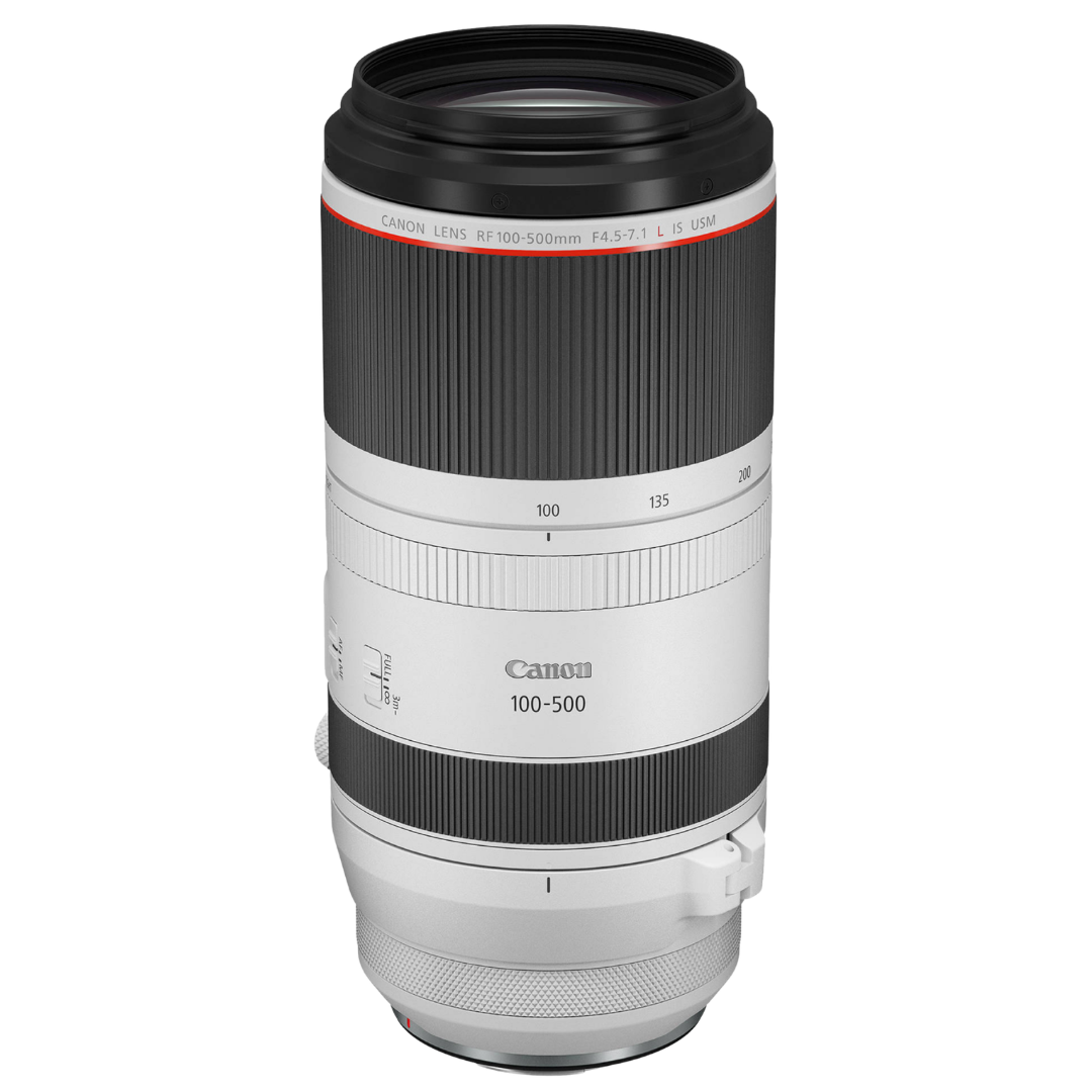 Canon RF 100-500mm f/4.5-7.1L IS USM Lens on a white background.