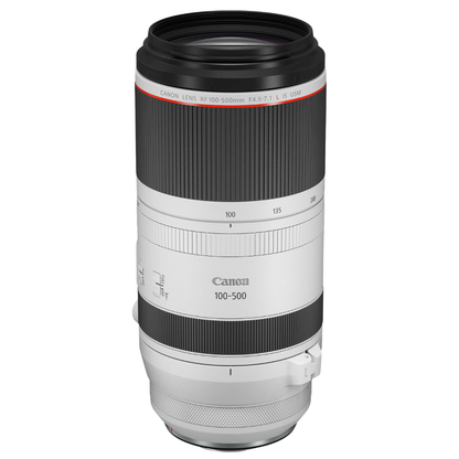 Canon RF 100-500mm f/4.5-7.1L IS USM Lens on a white background.