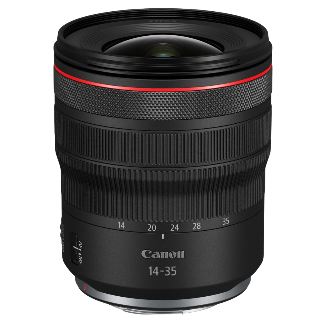 Canon RF 14-35mm f/4L IS USM Lens against a white background.