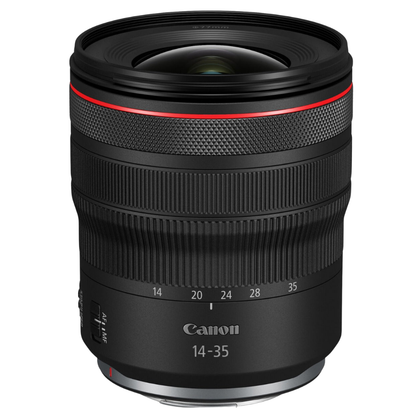 Canon RF 14-35mm f/4L IS USM Lens against a white background.