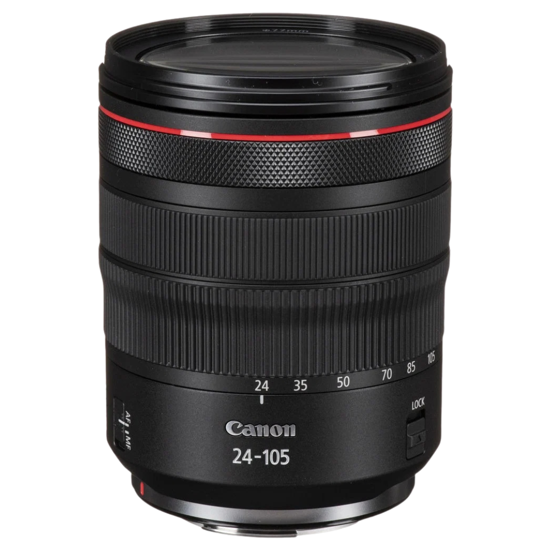 Canon RF 24-105mm f/4L IS USM Lens on a white background.