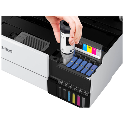 Epson EcoTank Photo ET-8550 printer showing its ink tanks being filled.