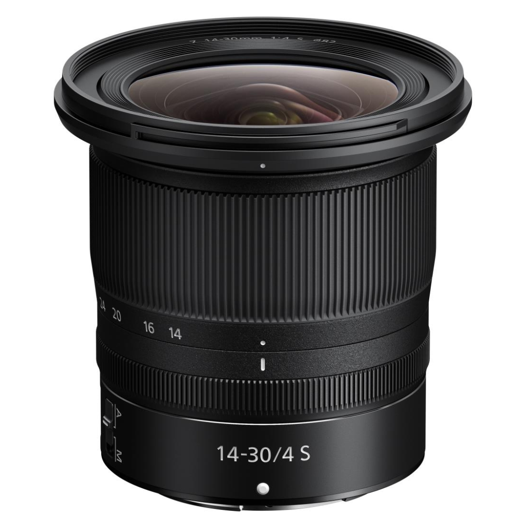 NIKKOR Z 14-30mm f/4 S Lens on a white background.