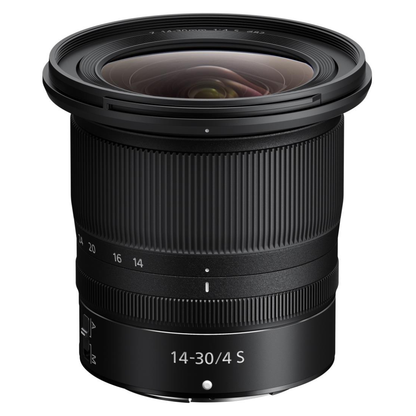 NIKKOR Z 14-30mm f/4 S Lens on a white background.
