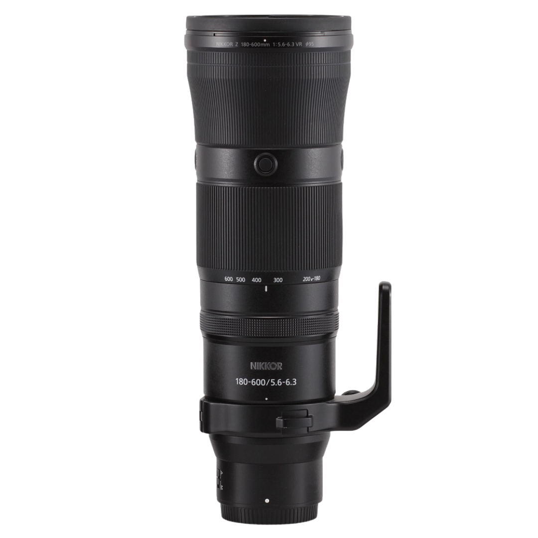 NIKKOR Z 180-600mm f/5.6-6.3 VR Lens on a white background.