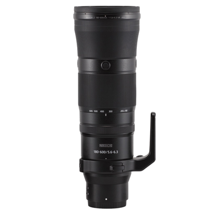 NIKKOR Z 180-600mm f/5.6-6.3 VR Lens on a white background.