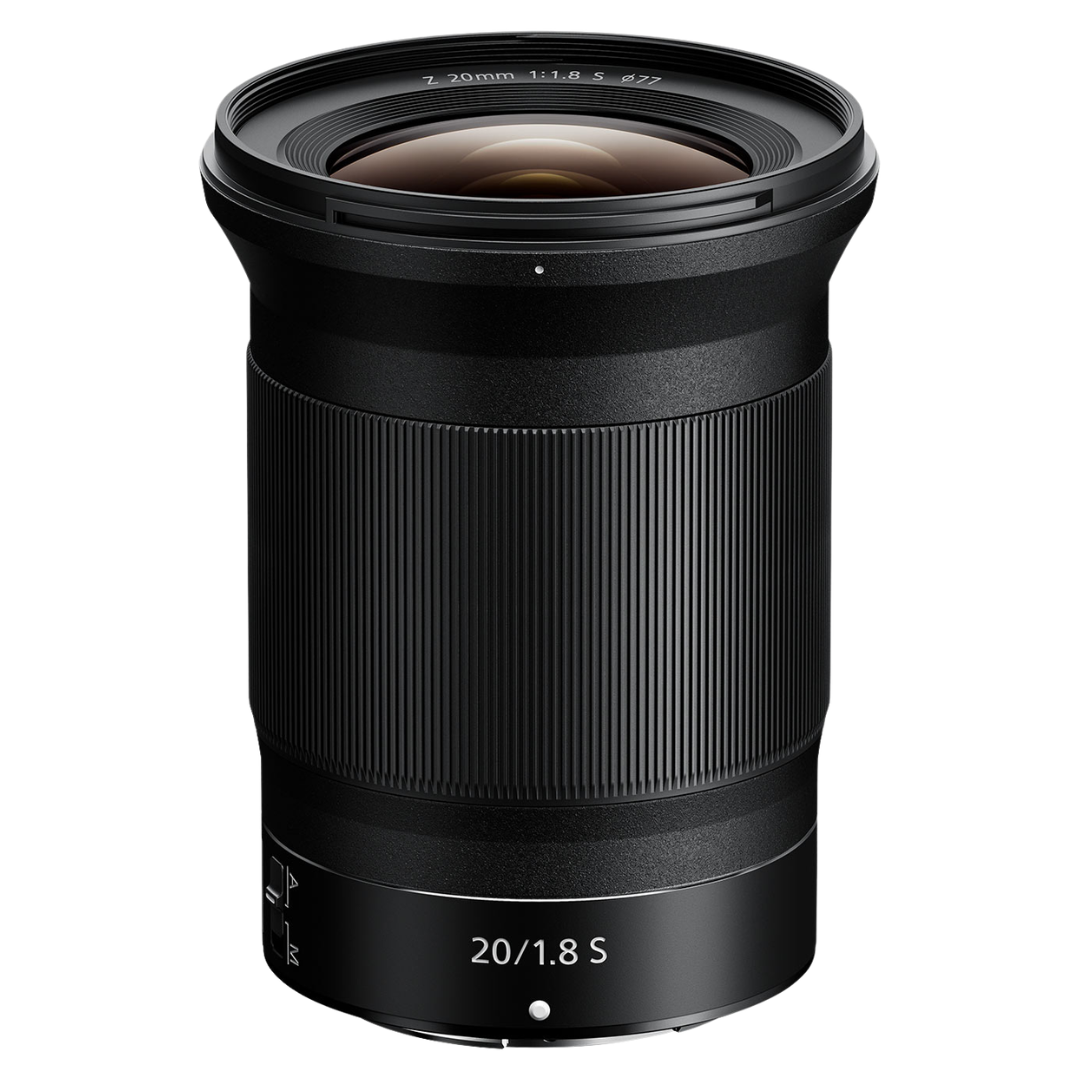 NIKKOR Z 20mm f/1.8 S Lens on a white background.