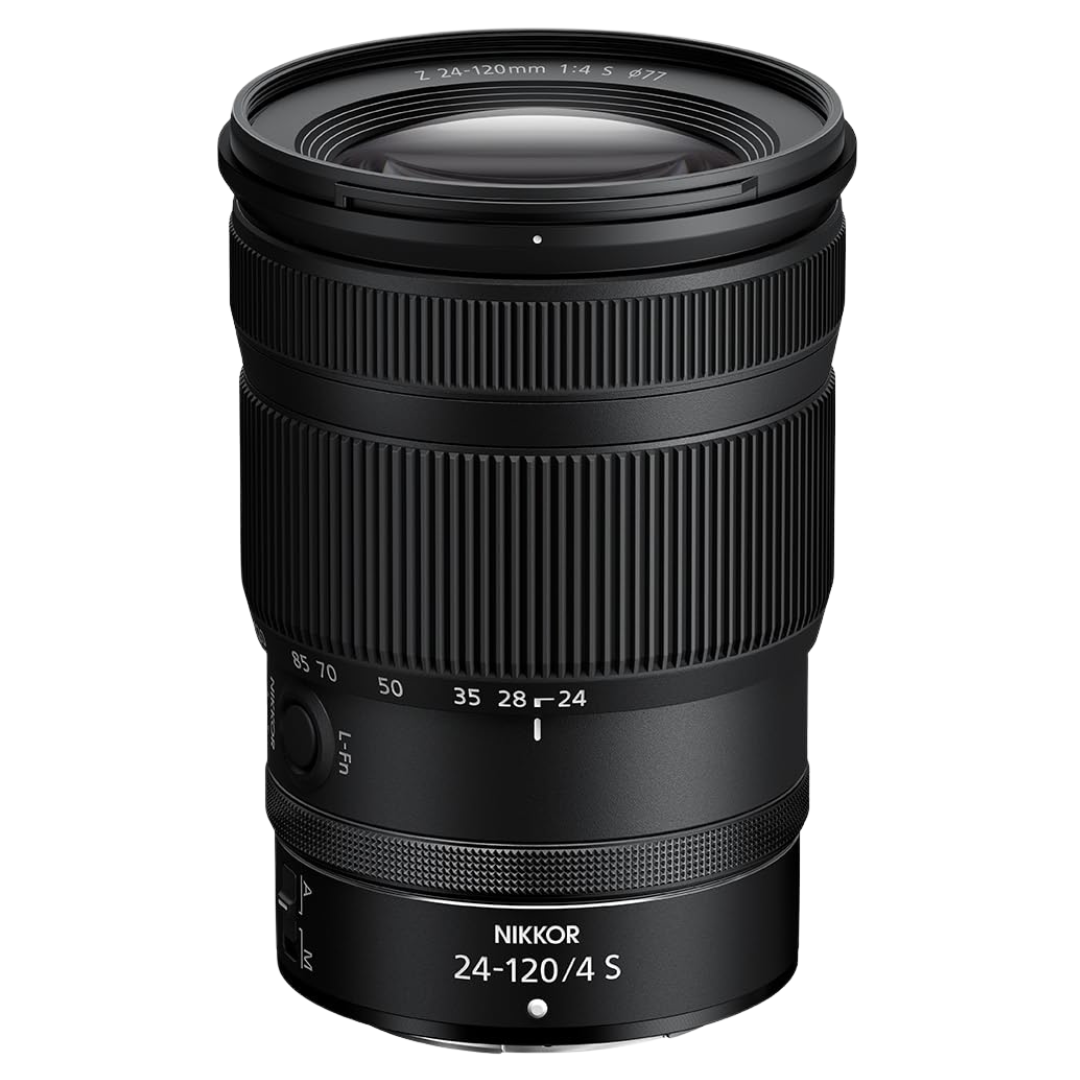 NIKKOR Z 24-120mm f/4 S Lens on a white background.