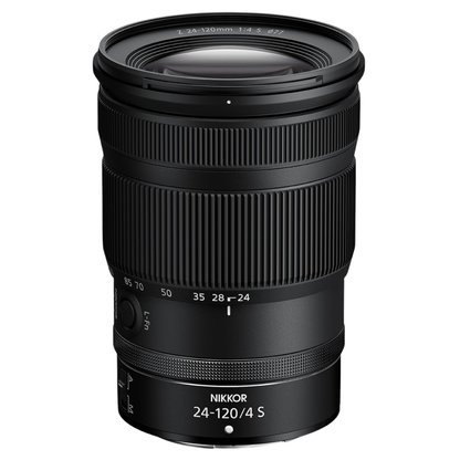 NIKKOR Z 24-120mm f/4 S Lens on a white background.