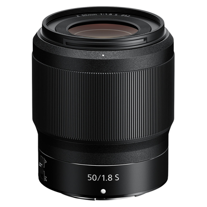 NIKKOR Z 50mm f/1.8 S Lens on a white background.