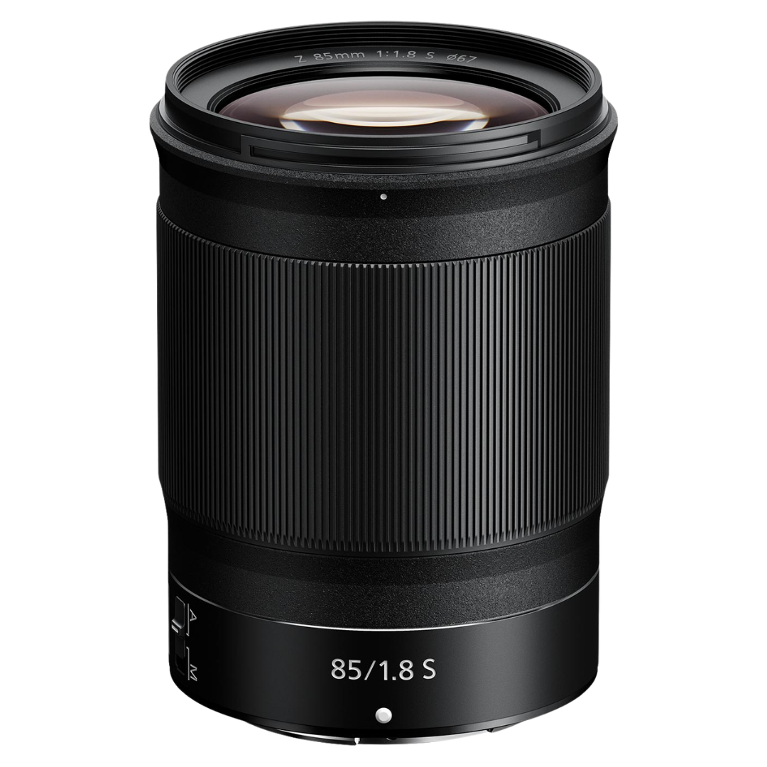 NIKKOR Z 85mm f/1.8 S Lens on a white background.