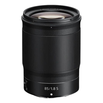NIKKOR Z 85mm f/1.8 S Lens on a white background.