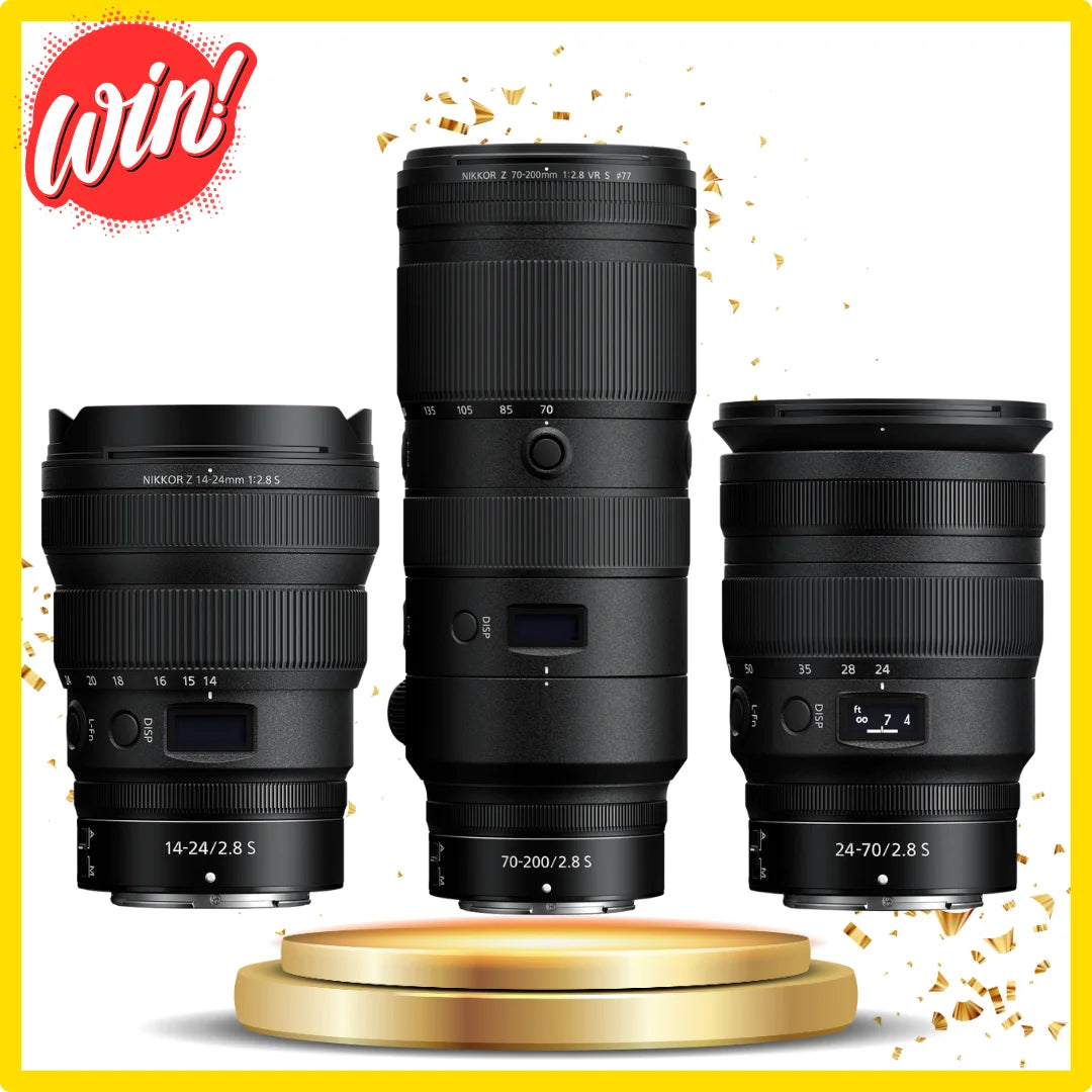 Three NIKKOR lenses on a white background with 'WIN!' logo in red.