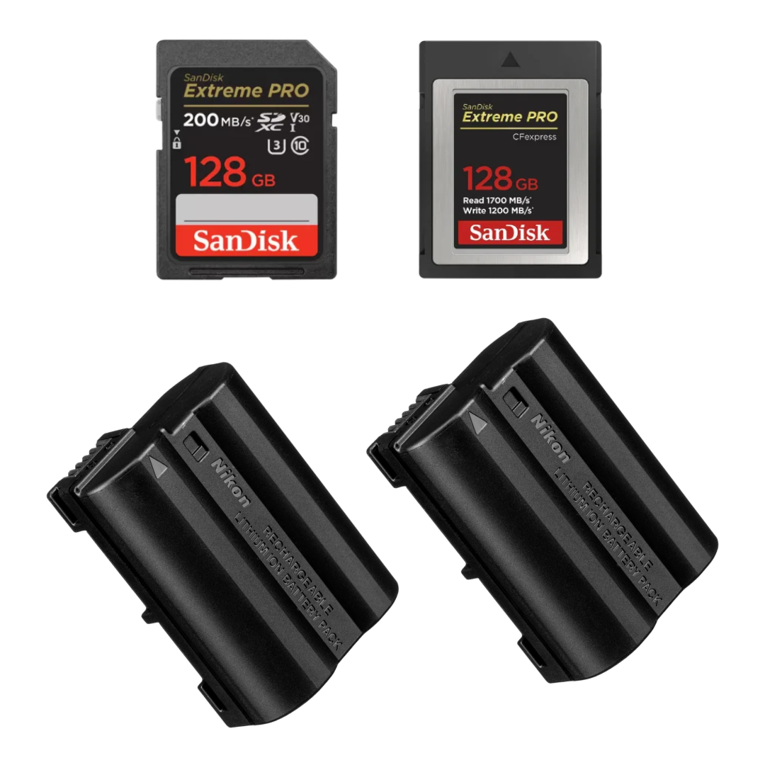 Two Nikon EN-EL15c batteries and two SanDisk Extreme Pro memory cards on a white background.
