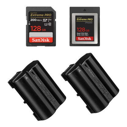 Two Nikon EN-EL15c batteries and two SanDisk Extreme Pro memory cards on a white background.