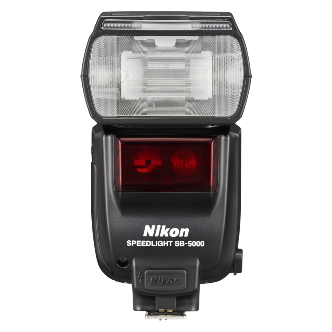 Front view of a Nikon Speedlight SB-5000 camera flash on a white background.