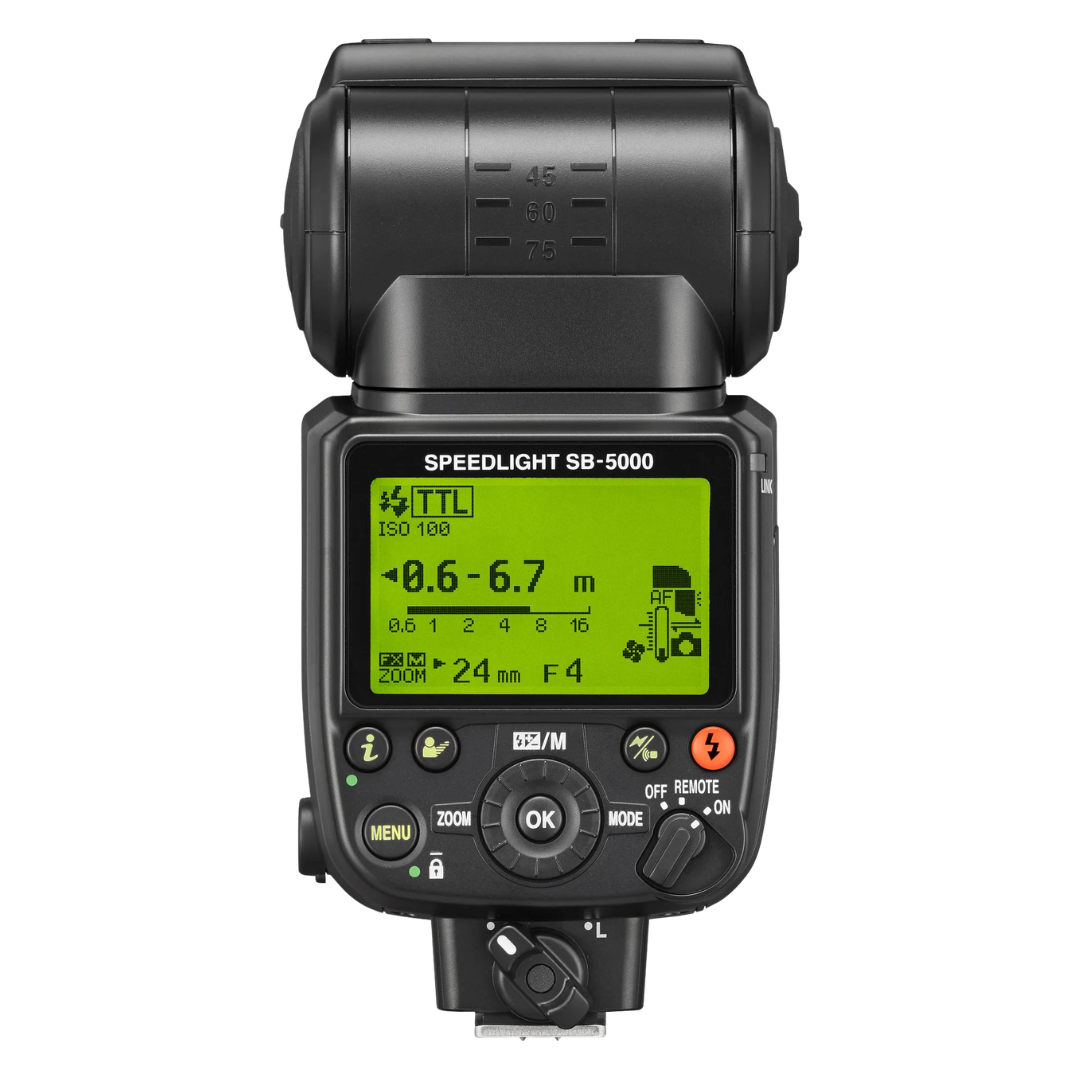 Rear view of a Nikon SB-5000 Speedlight on a white background.