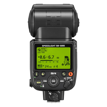 Rear view of a Nikon SB-5000 Speedlight on a white background.