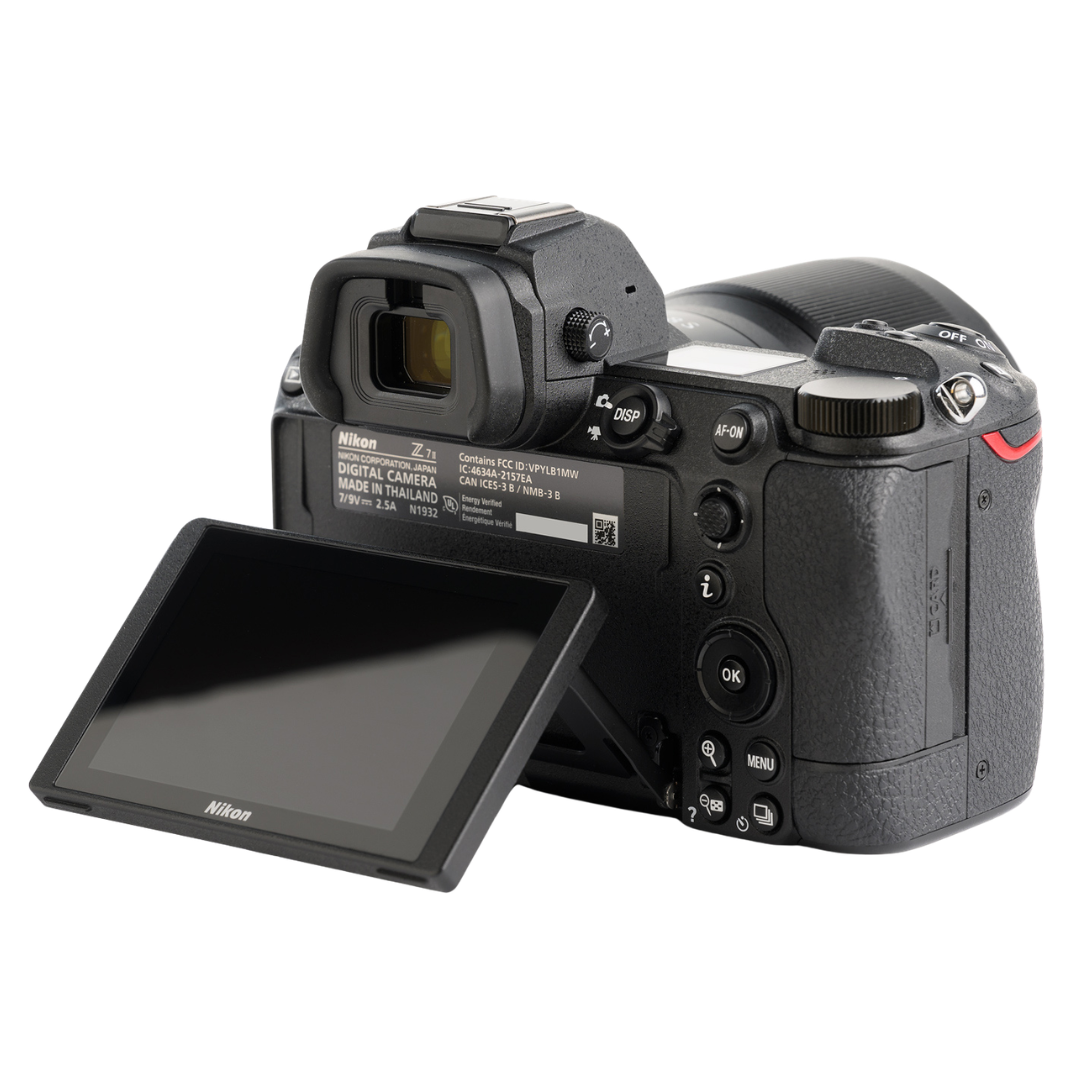 Nikon Z7 II camera with open touchscreen on a white background.