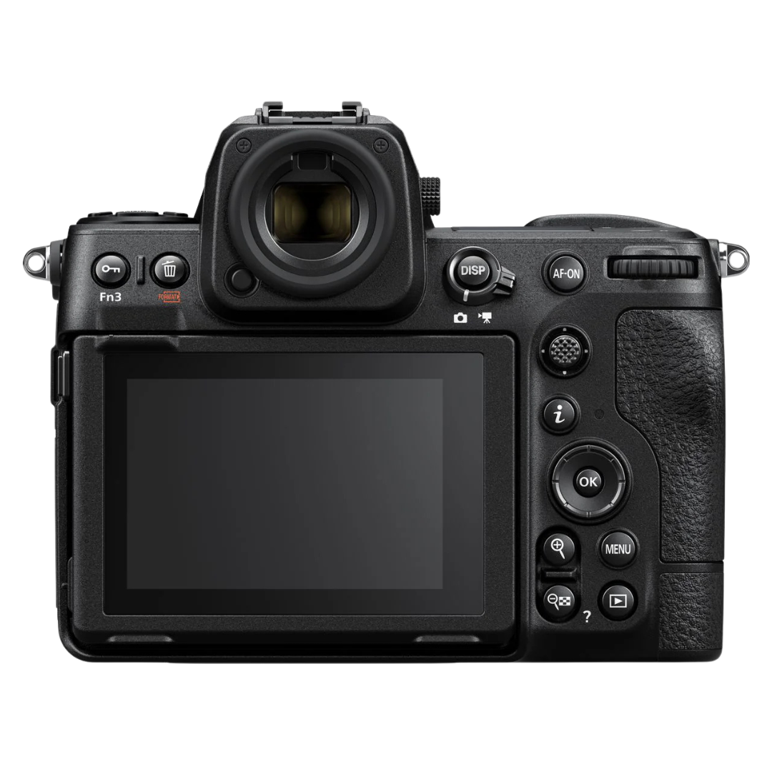 Nikon Z8 rear view of camera on a white background.