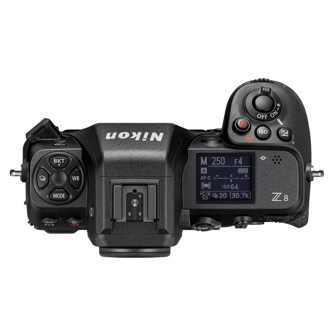 Nikon Z8 top view of camera on a white background.