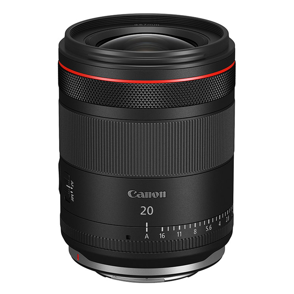Canon RF 20mm f/1.4L VCM Lens product shot white background.