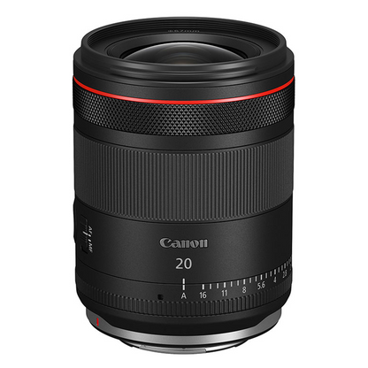 Canon RF 20mm f/1.4L VCM Lens product shot white background.