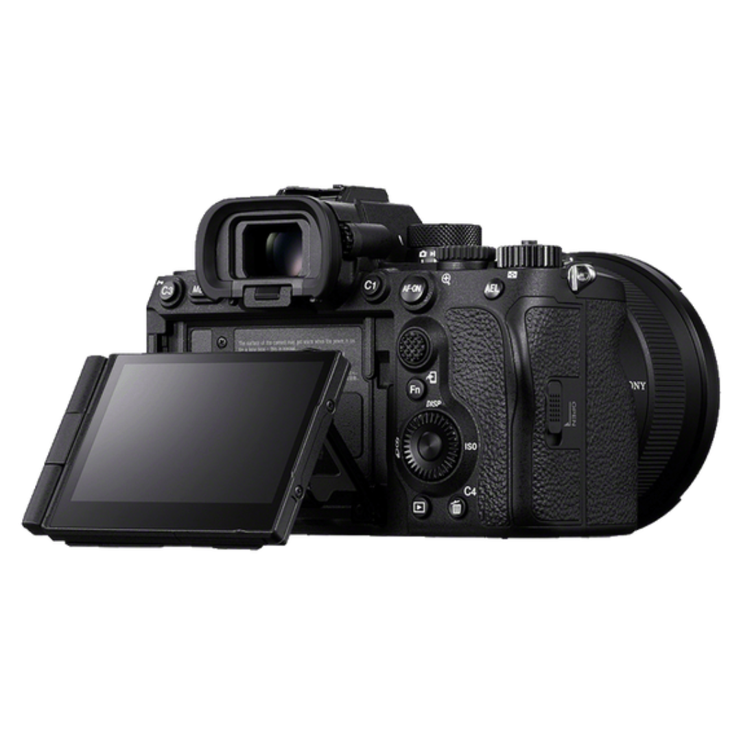 Sony A7R V back view of camera on a white background.