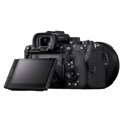 Sony A7R V back view of camera on a white background.