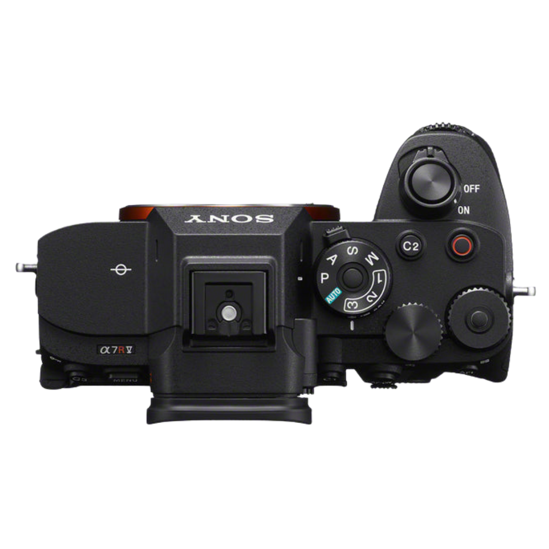 Sony A7R V top view of camera n a white background.