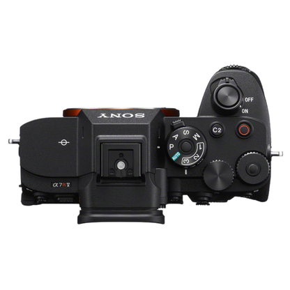 Sony A7R V top view of camera n a white background.