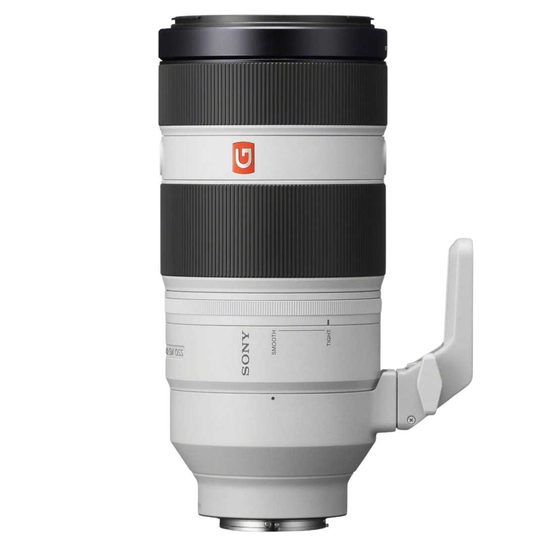 Sony FE 100-400mm f/4.5-5.6 GM OSS Lens on a white background.