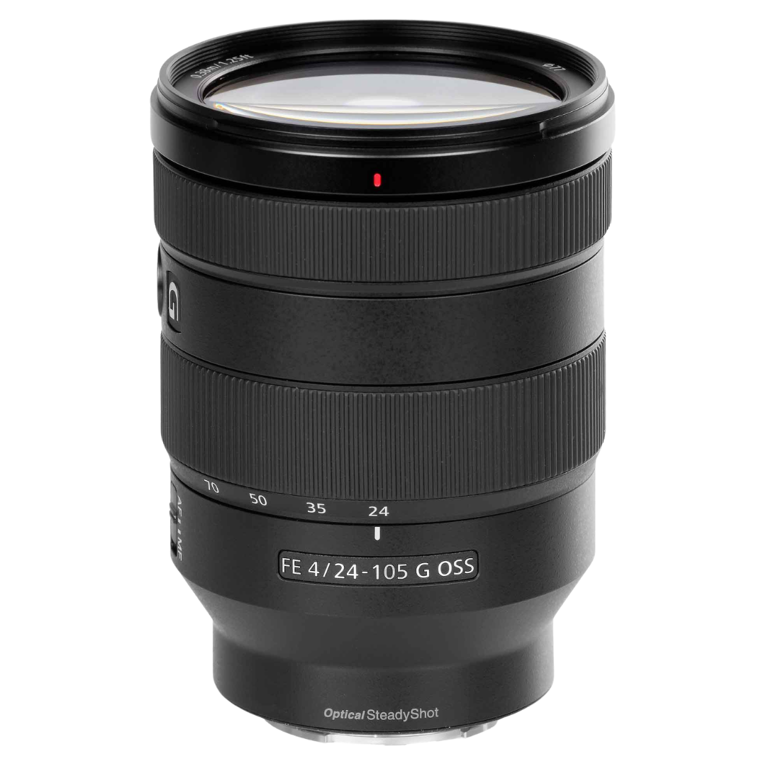 Sony FE 24-105mm f4 G OSS Lens on a white background.
