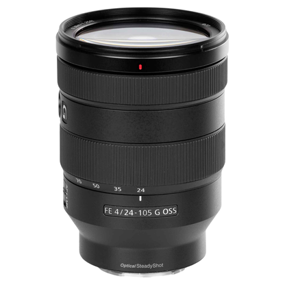 Sony FE 24-105mm f4 G OSS Lens on a white background.