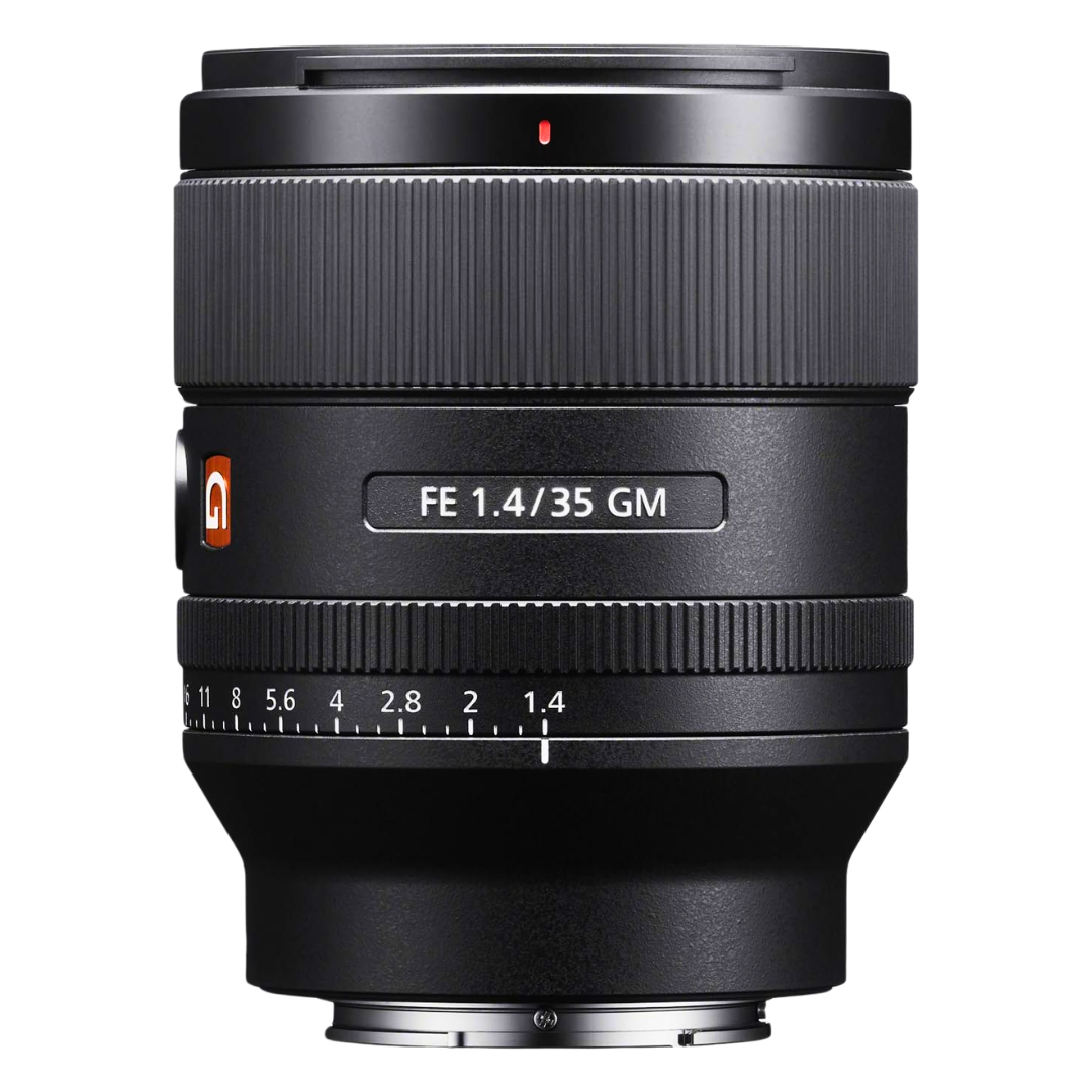 Sony FE 35mm F1.4 GM Lens on a white background.