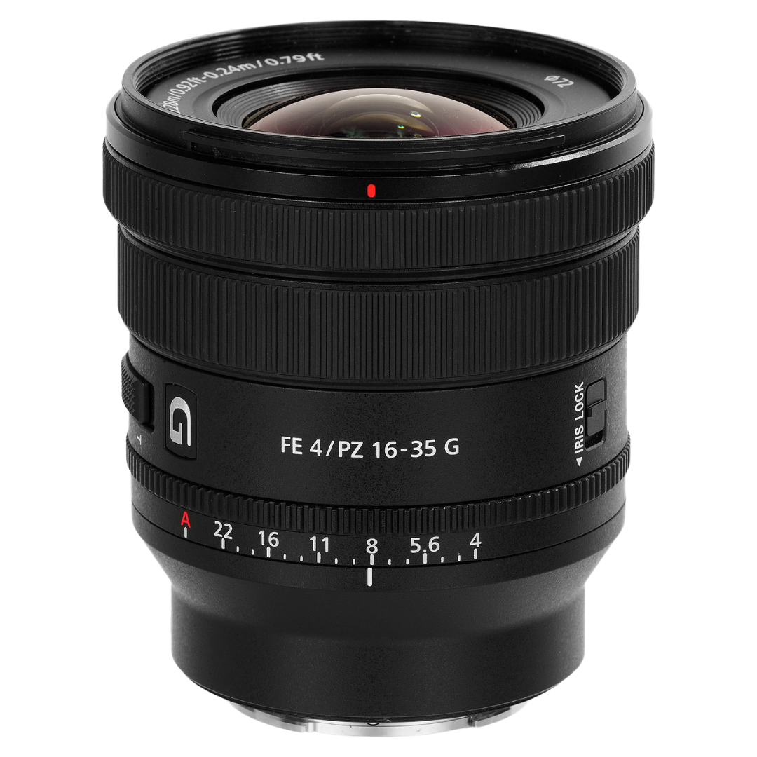Sony FE PZ 16-35mm f4 G Lens on a white background.