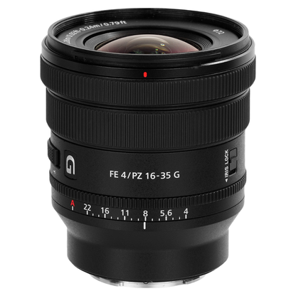 Sony FE PZ 16-35mm f4 G Lens on a white background.