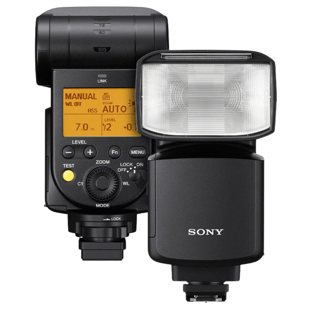 Front and rear view of the Sony HVL-F60RM2 camera flash on a white background.
