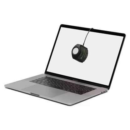 Calibrite Display Plus HL colorimeter being used on a MacBook Pro to calibrate its screen.
