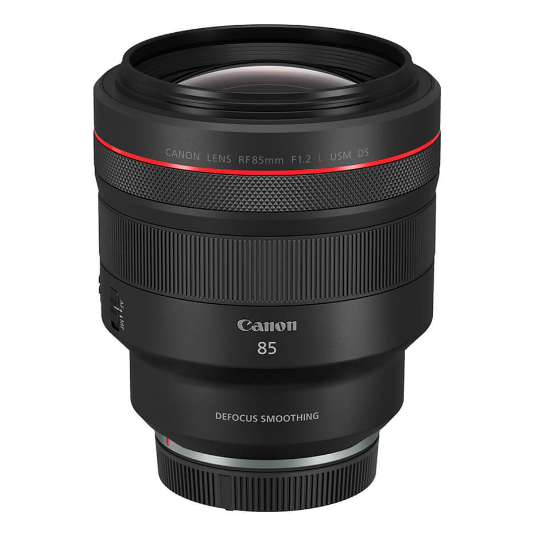 Side view of the Canon RF 85mm f/1.2L USM DS Lens without lens hood, on a white background.