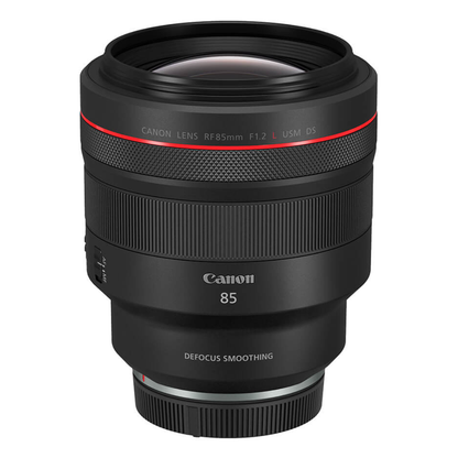 Side view of the Canon RF 85mm f/1.2L USM DS Lens without lens hood, on a white background.