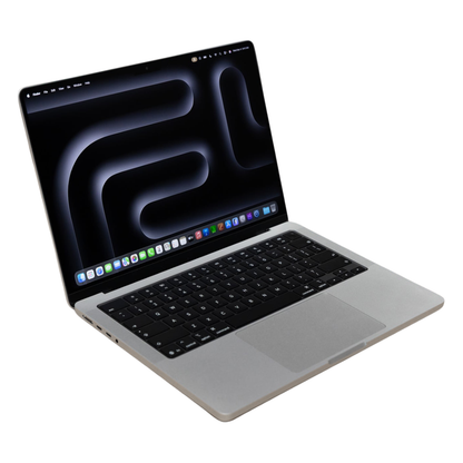 Apple MacBook Pro in silver on a white background, open and turned on.