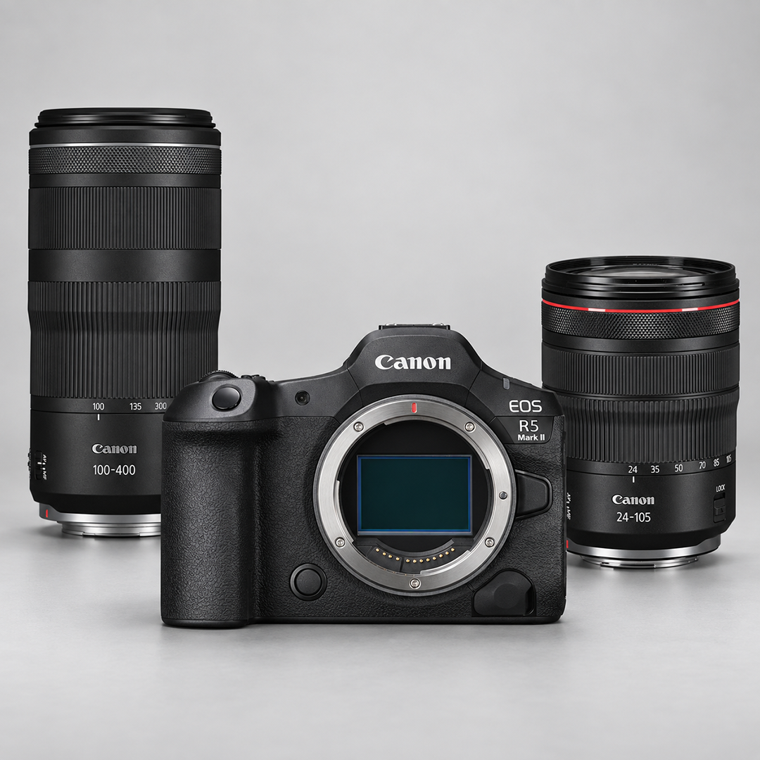 Canon EOS R5 Mark II mirrorless camera pictured with a Canon RF 24-105mm f/4 L IS USM Lens and a Canon RF 100-400mm f/5.6-8 IS USM Lens.