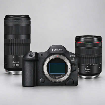 Canon EOS R5 Mark II mirrorless camera pictured with a Canon RF 24-105mm f/4 L IS USM Lens and a Canon RF 100-400mm f/5.6-8 IS USM Lens.