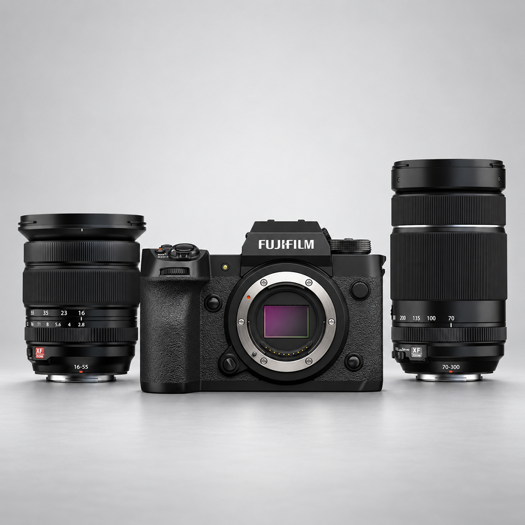 The Fujifilm X-H2 Mirrorless Camera pictured with the Fujifilm XF 16-55mm f/2.8 R LM WR II Lens and the Fujifilm XF 70-300mm f/4-5.6 R LM OIS WR Lens.