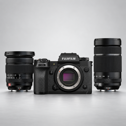 The Fujifilm X-H2 Mirrorless Camera pictured with the Fujifilm XF 16-55mm f/2.8 R LM WR II Lens and the Fujifilm XF 70-300mm f/4-5.6 R LM OIS WR Lens.